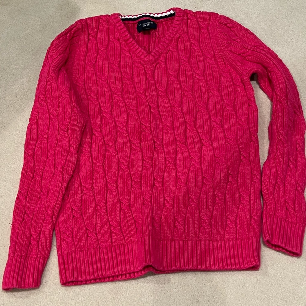 Lands End Pink Cable Knit V Neck Sweater Size M 10-12